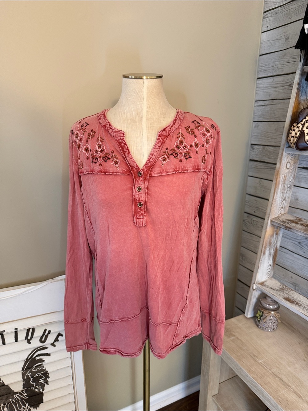 Lucky & Coco Embroidered Washed Rose Long-Sleeve Henley Top